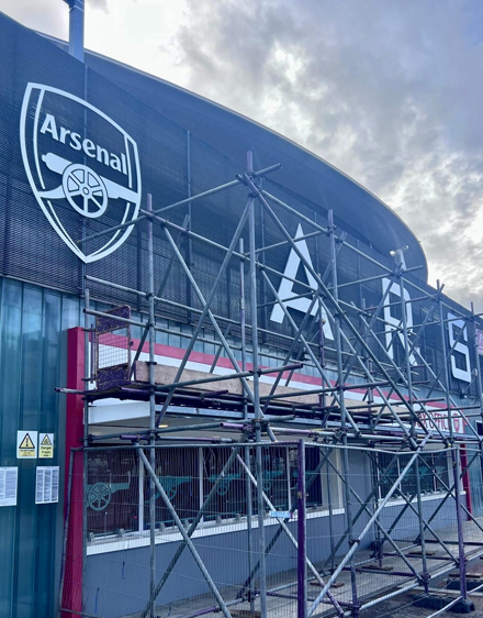 Commercial Scaffolding - Armstrong Scaffolding Armstrong Scaffolding commercial scaffolding installation at Arsenal's Emirates Stadium in London with safety netting and access platforms