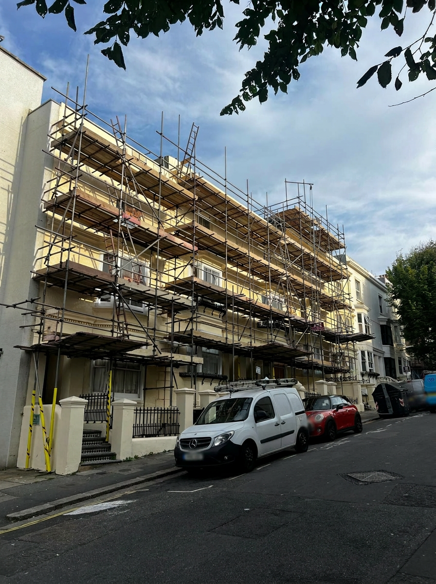 Painting Contract Access Scaffolding, Brighton - Armstrong Scaffolding Armstrong Scaffolding multi-lift access scaffold with timber boarded working platforms erected to the front elevation of a Regency terrace in Brighton for an exterior painting and decorating contract