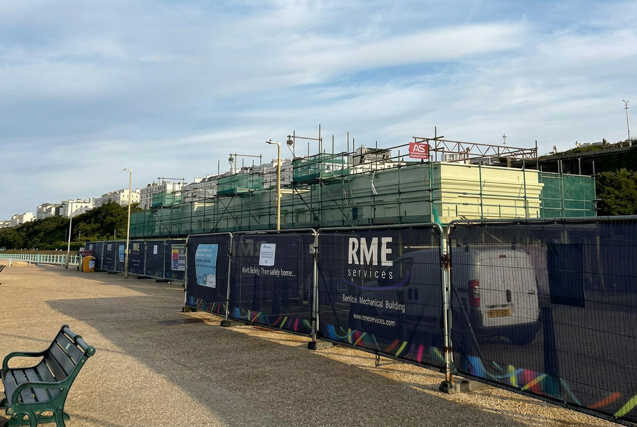 Volks Railway Station, Brighton - Commercial Scaffolding by Armstrong Scaffolding Armstrong Scaffolding commercial scaffolding at Volks Electric Railway station in Brighton for a painting and roofing contract with shrink-wrap encapsulation