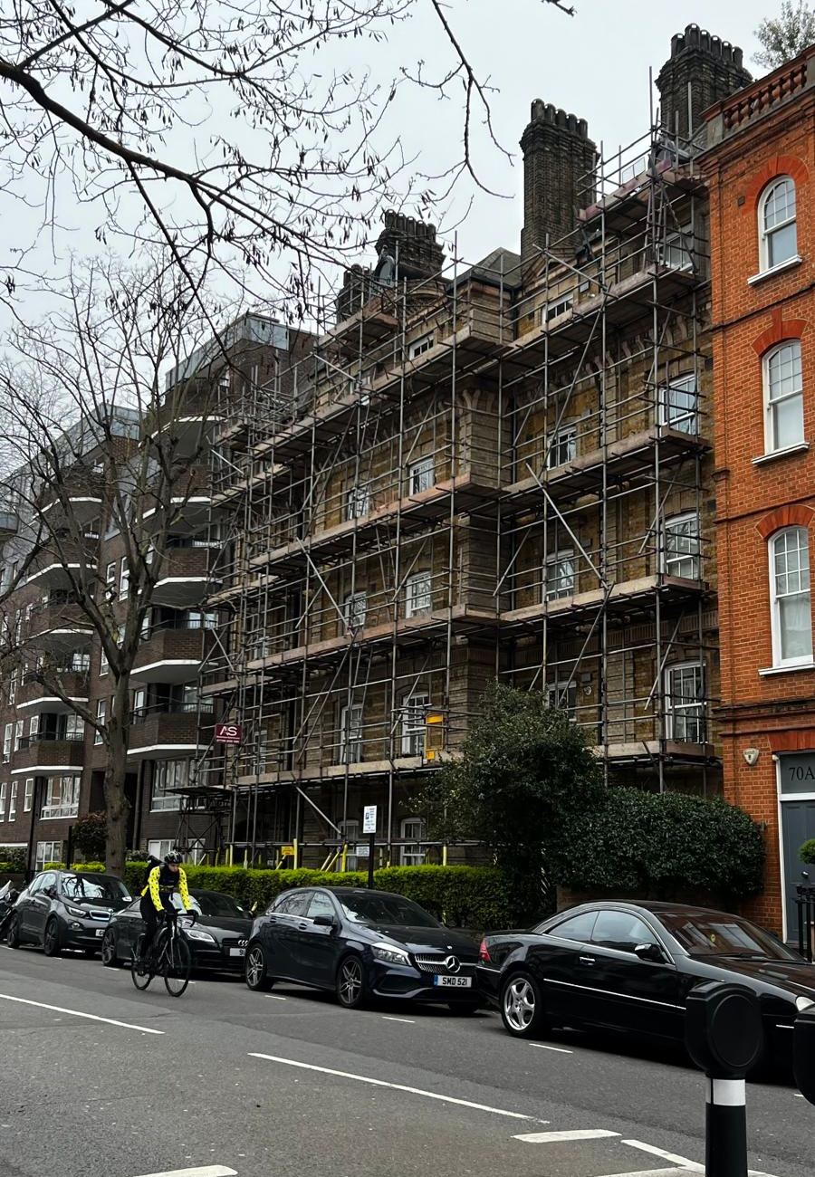 Full Elevation Painting Scaffold, Chelsea - Armstrong Scaffolding Armstrong Scaffolding full elevation access scaffold rising to the chimney stacks for a painting contract in Chelsea