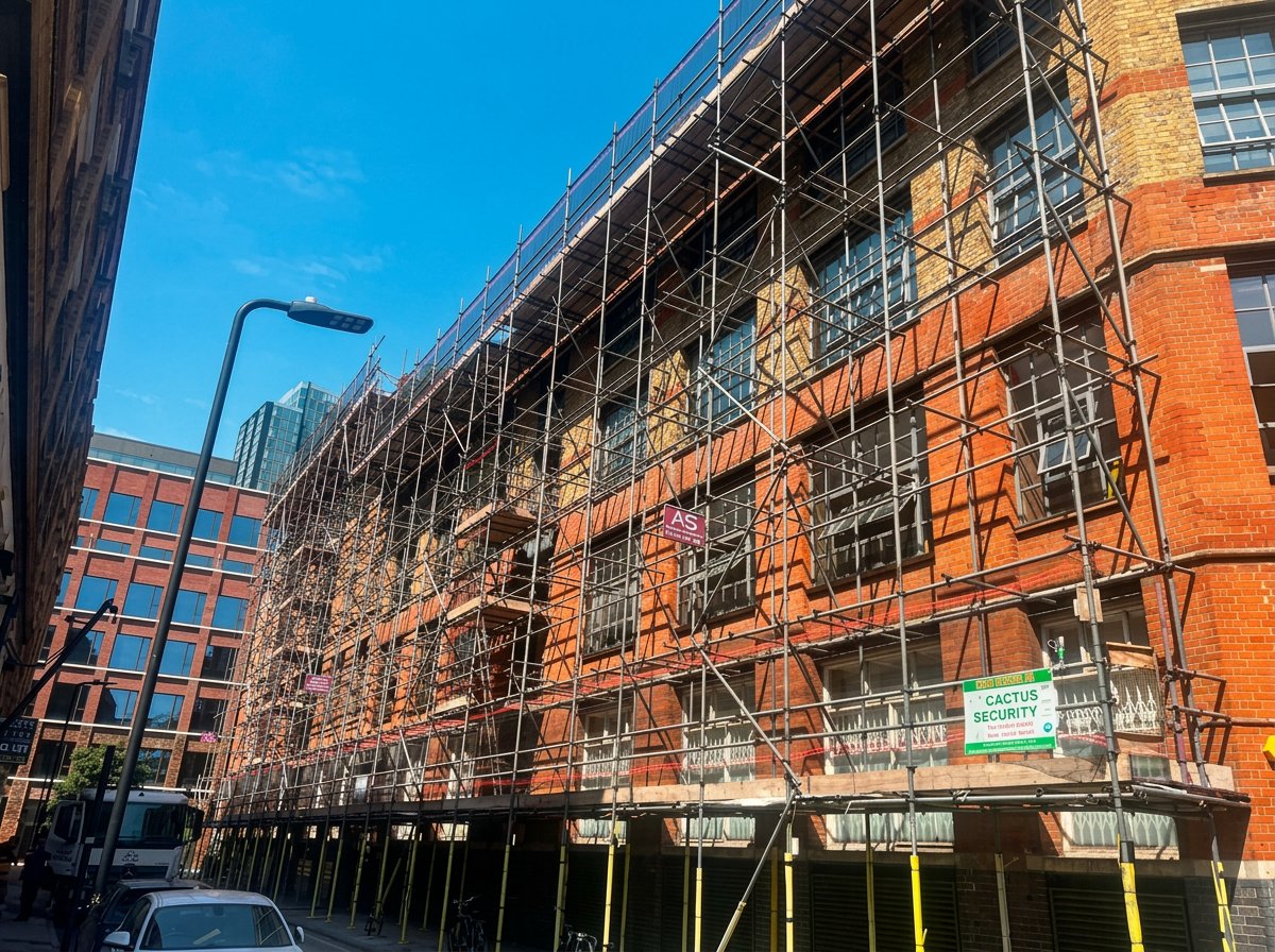 Parapet Wall Repair Access Scaffolding, North London - Armstrong Scaffolding Full commercial access scaffold installed by Armstrong Scaffolding for parapet wall repairs on a building in North London